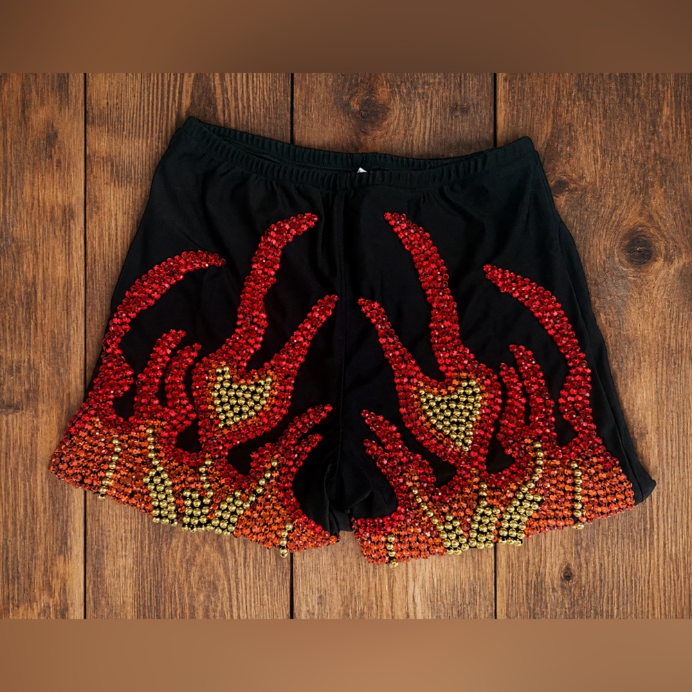 IHeartRaves Black Women's Flame Beaded Rave Shorts